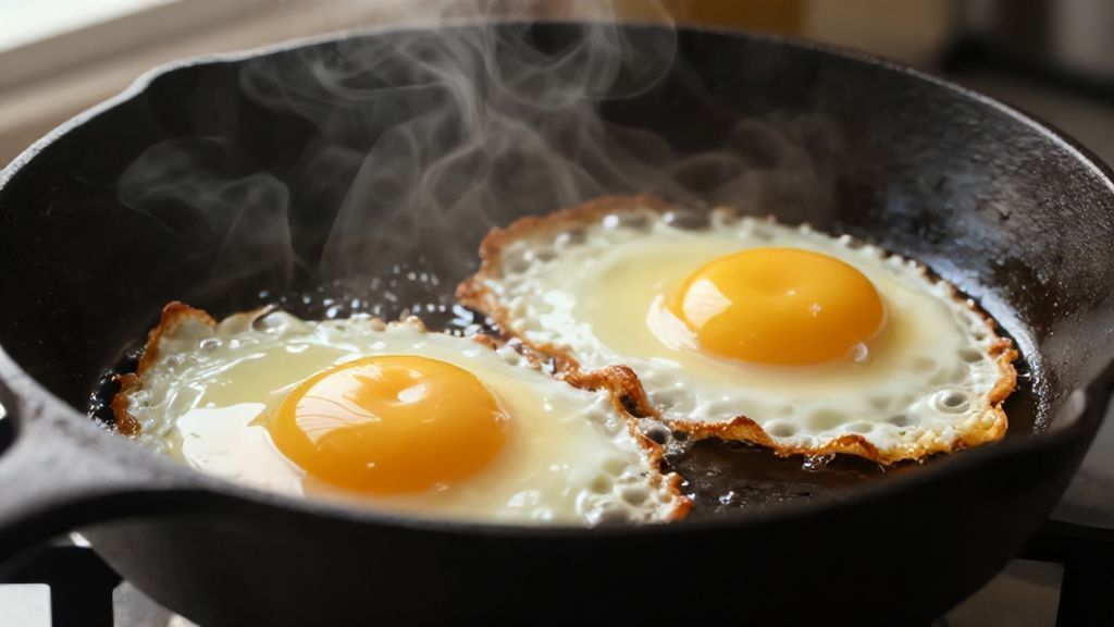 Процесс жарки двух яиц на черной сковороде