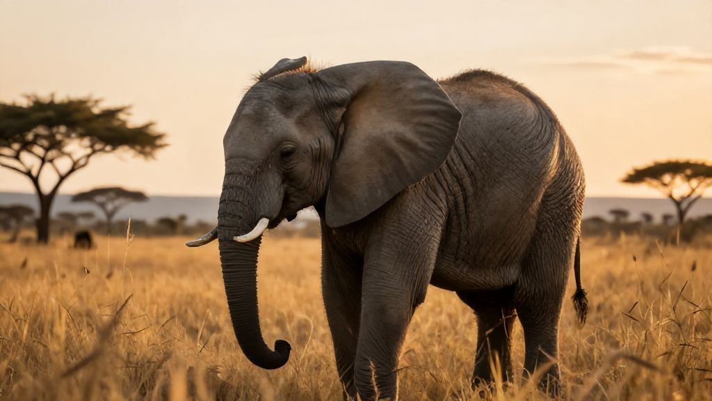 Маленький слоненок в золотой траве на закате