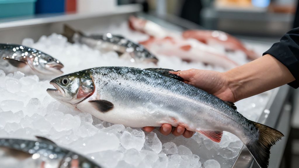 Женские руки выбирают свежую рыбу на льду в магазине