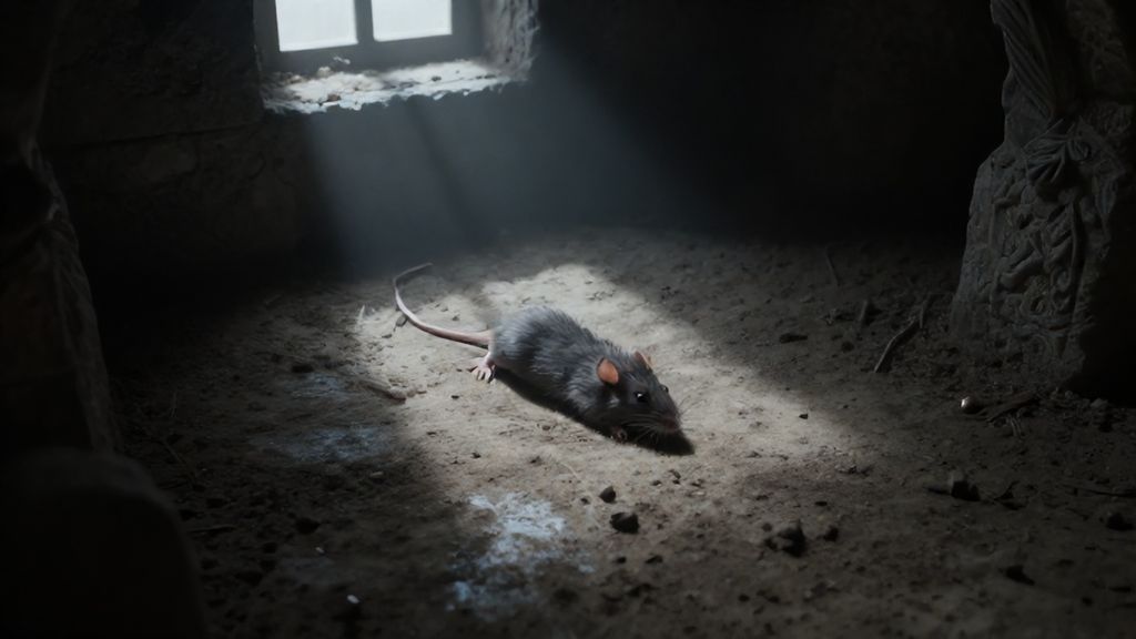 Мертвый грызун на полу старого подвала в лунном свете