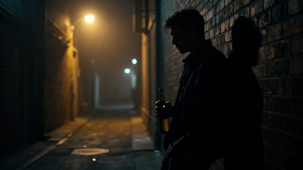 Силуэт пьяного мужчины в темном переулке при свете фонарей