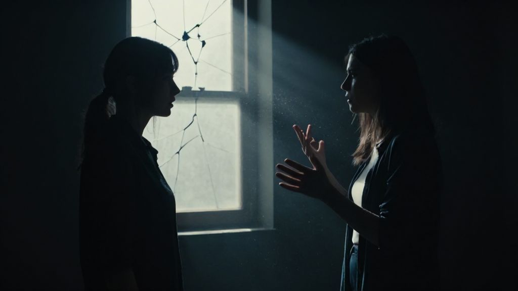 Силуэты двух женщин в конфликте на фоне окна