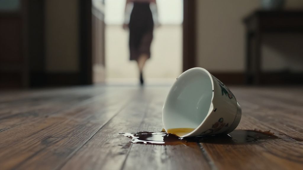 Разбитая чашка на полу как символ разрыва отношений