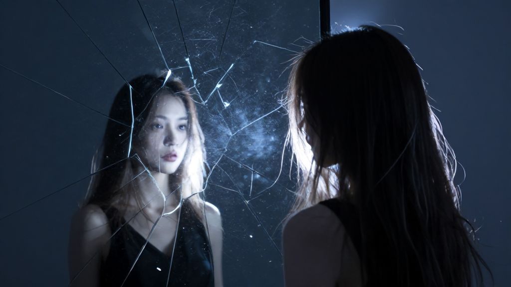 Силуэт женщины у разбитого зеркала символизирующий потерю волос