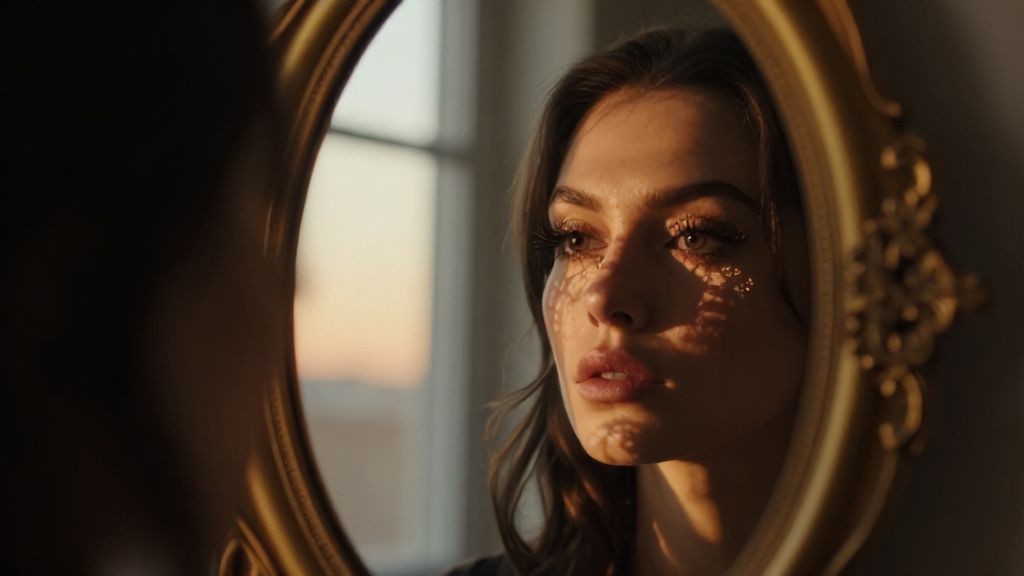 Женщина у зеркала чьи длинные ресницы отбрасывают тени на лицо