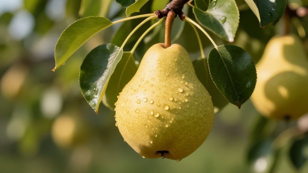 Спелая золотистая груша на ветке в лучах солнца