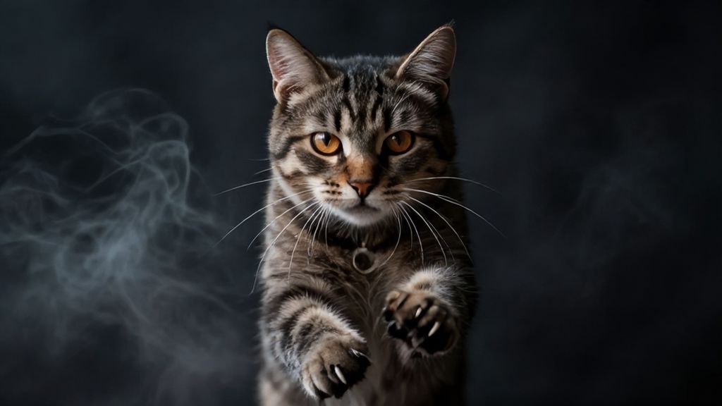 Агрессивная кошка прыгает с выпущенными когтями в темноте