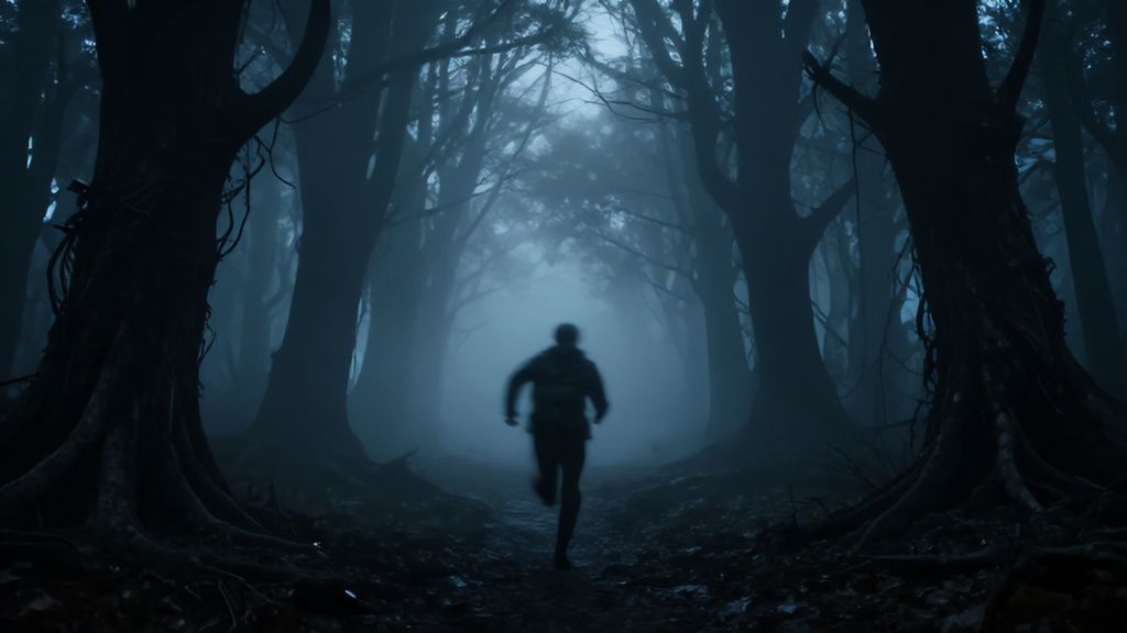 Человек убегает через туманный темный лес в ночное время