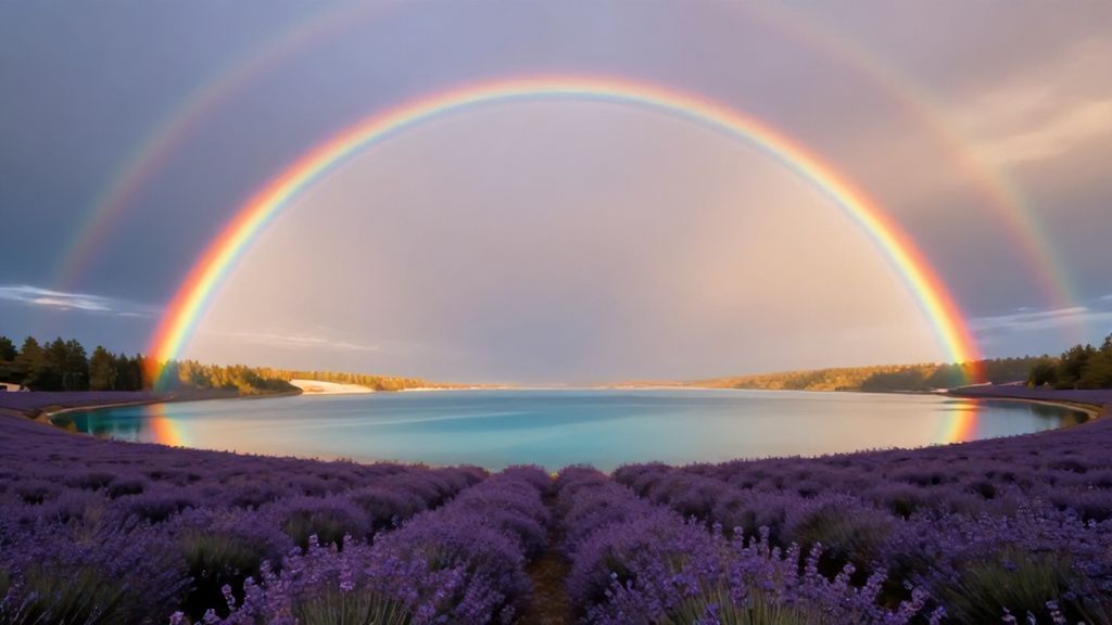 Яркая двойная радуга над спокойным озером и полями лаванды на закате