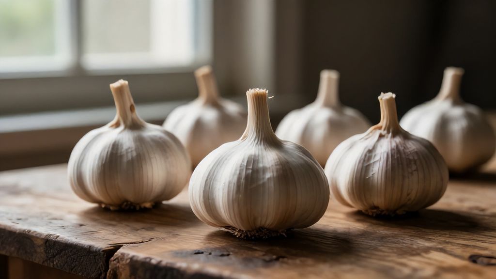 Крупные головки чеснока на деревянном столе в лучах солнца