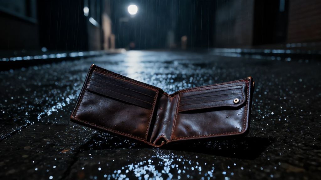 Пустой кожаный кошелек на мокром асфальте под светом фонаря
