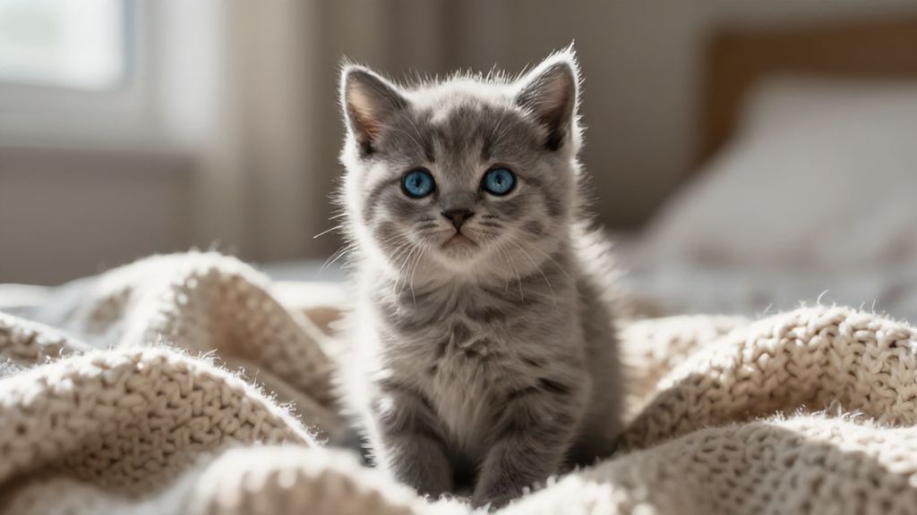 Маленький пушистый серый котенок на вязаном одеяле в лучах солнца