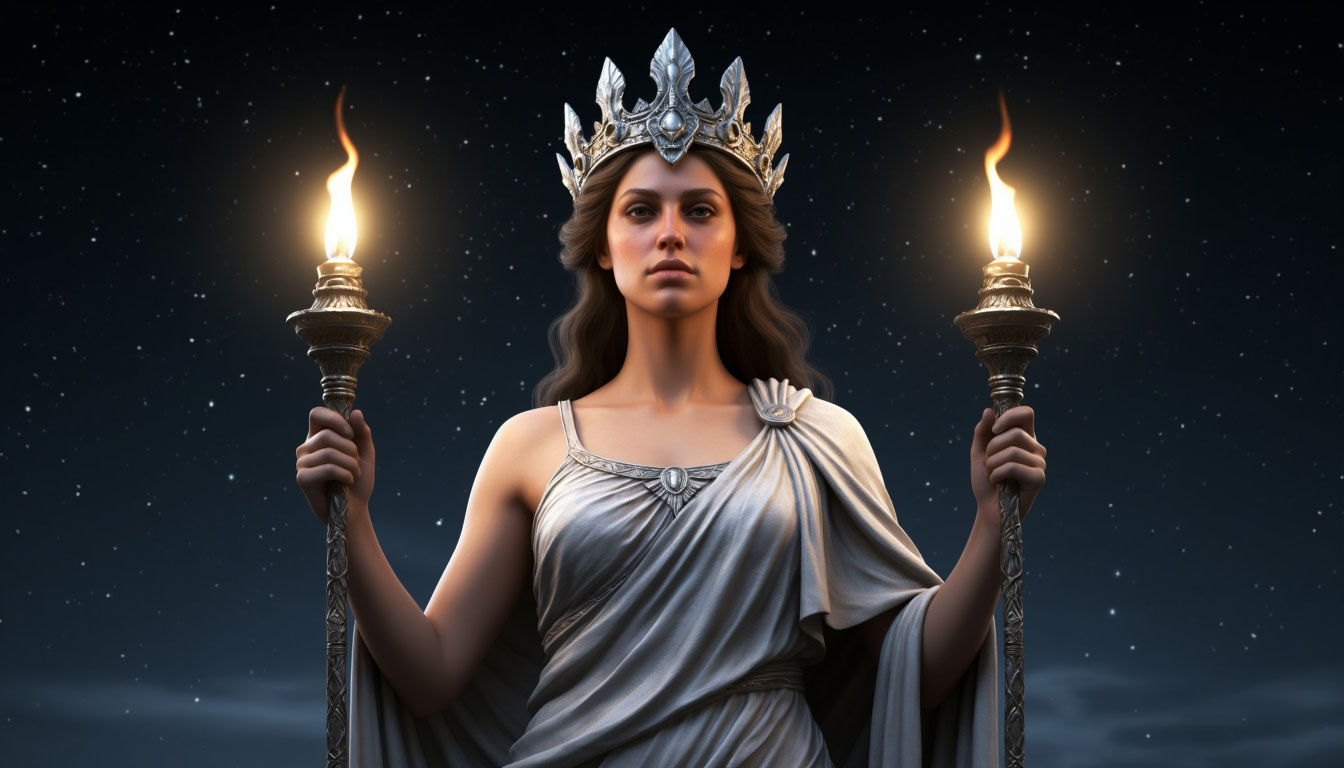 Древнегреческая богиня Геката с факелами в ночи