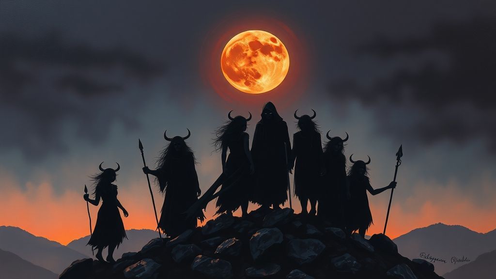 Шабаш босорок на вершине горы под красной луной