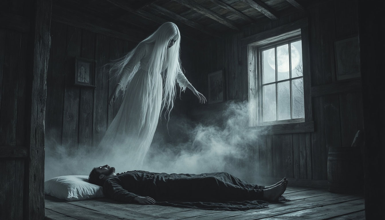 Призрак Мары над спящим человеком в славянской избе