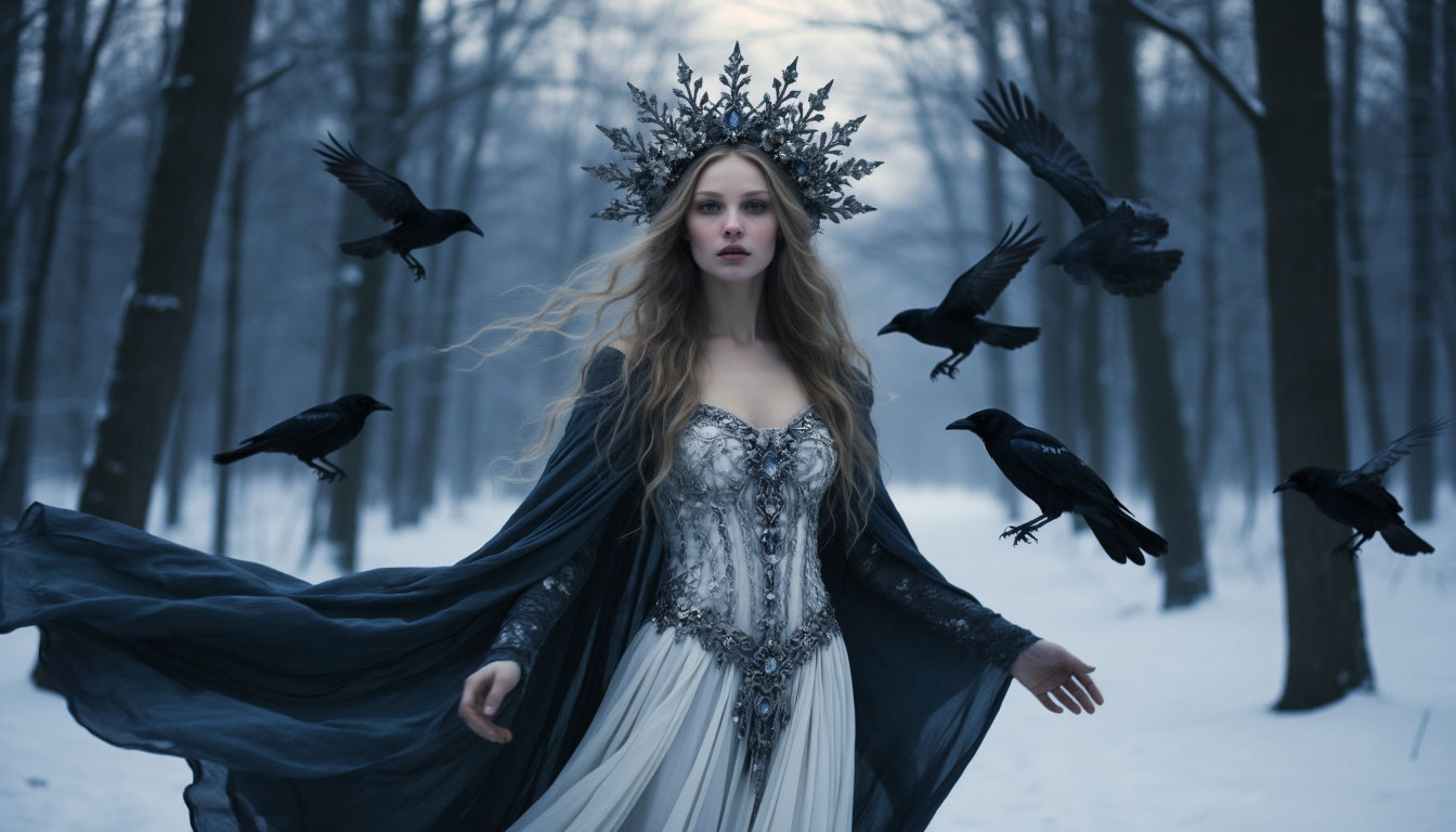 Славянская богиня смерти Морана в зимнем лесу