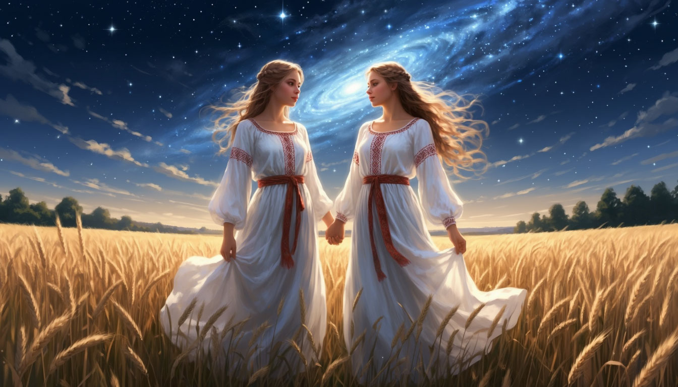 Две славянские богини Рожаницы в поле под звездным небом