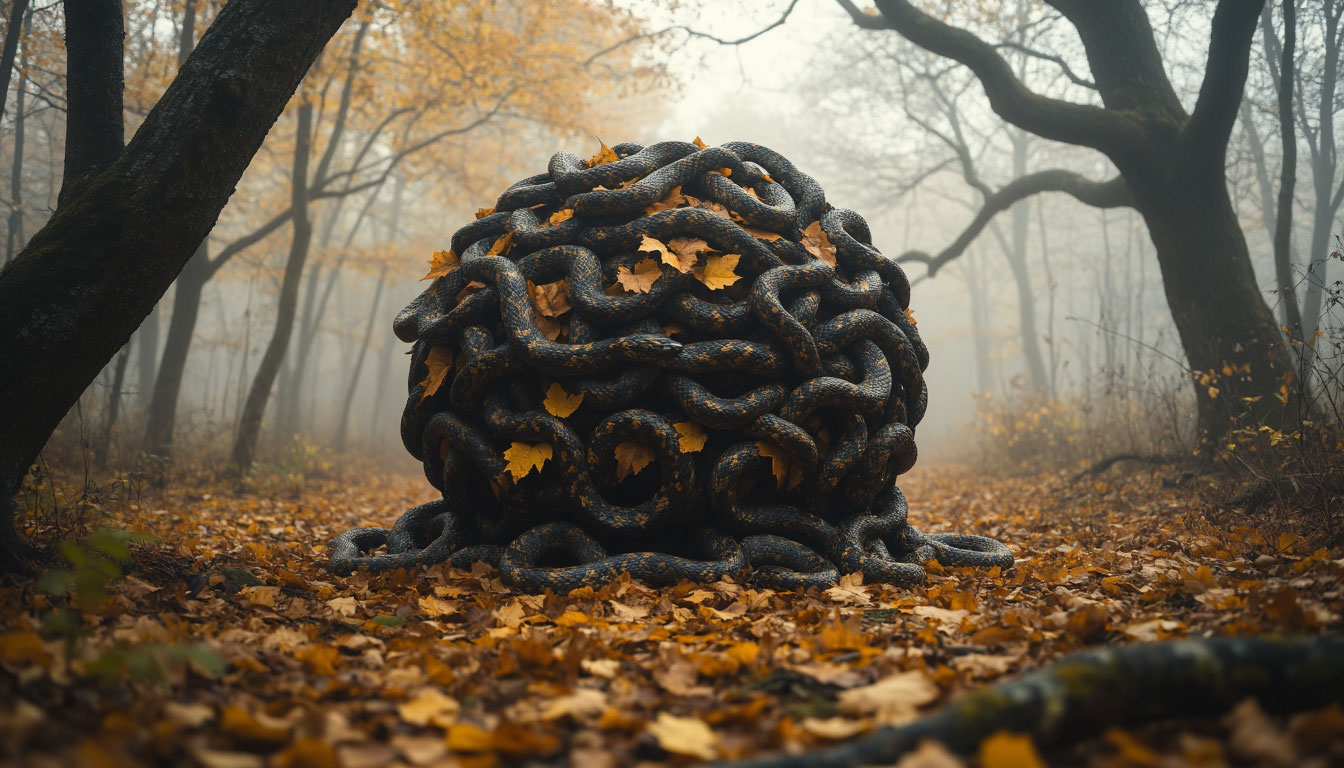 Змеиный клубок в осеннем лесу на Змейник