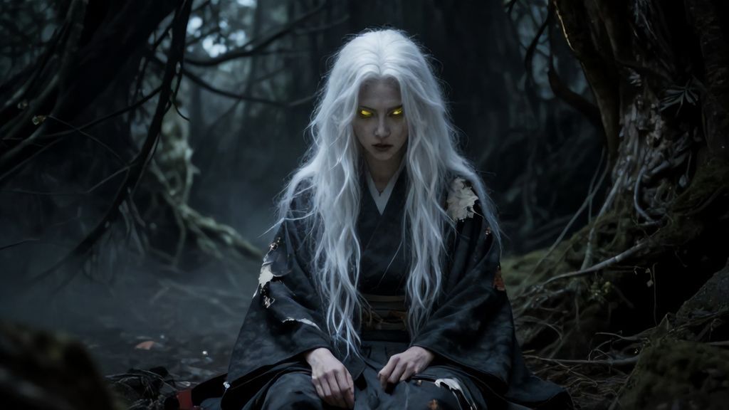 Ямауба — горная ведьма из японских легенд в темном лесу