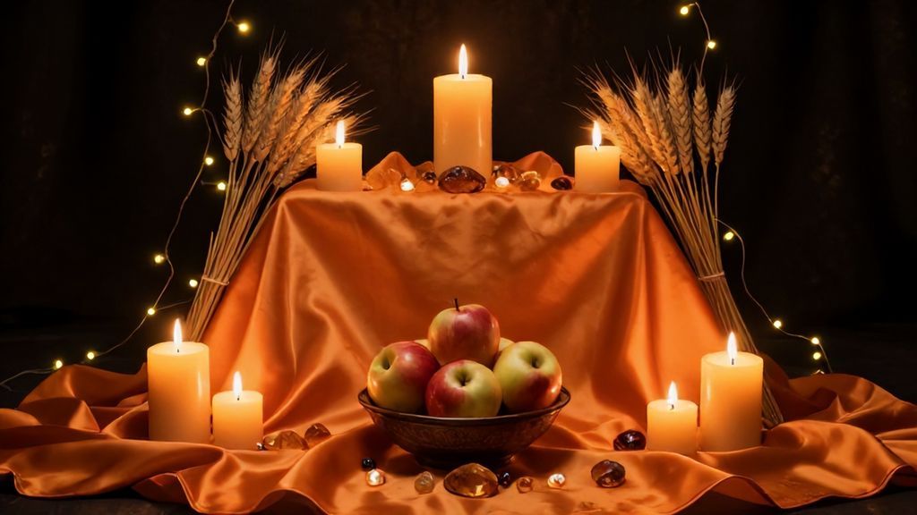 Магический алтарь для празднования Ламмаса с колосьями и свечами