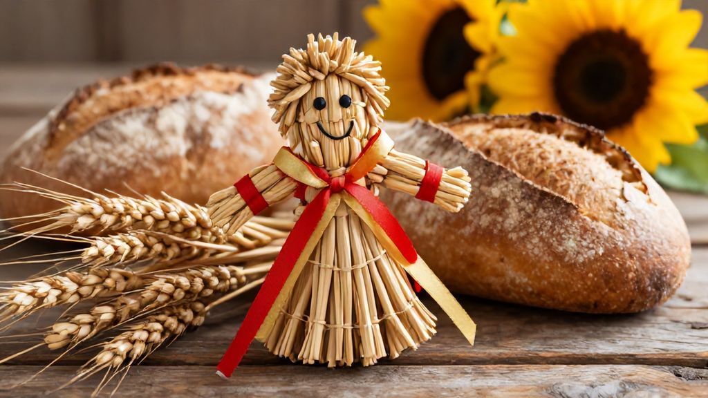 Традиционная пшеничная кукла и обрядовый хлеб на столе