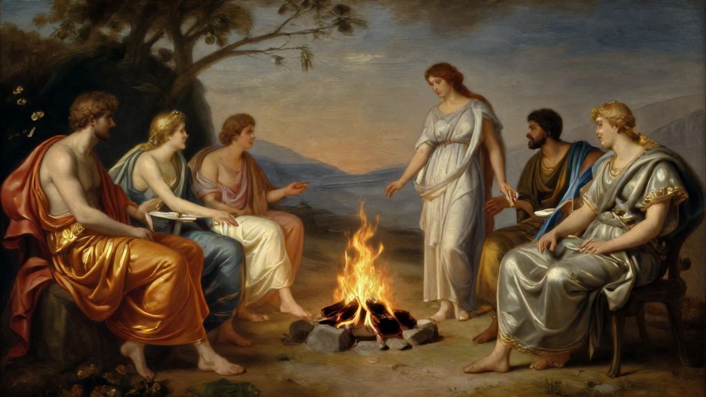 Гестия поддерживает огонь во время пира олимпийских богов