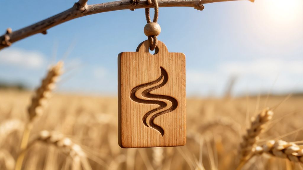 Деревянный оберег с символом Стрибога на фоне летнего поля