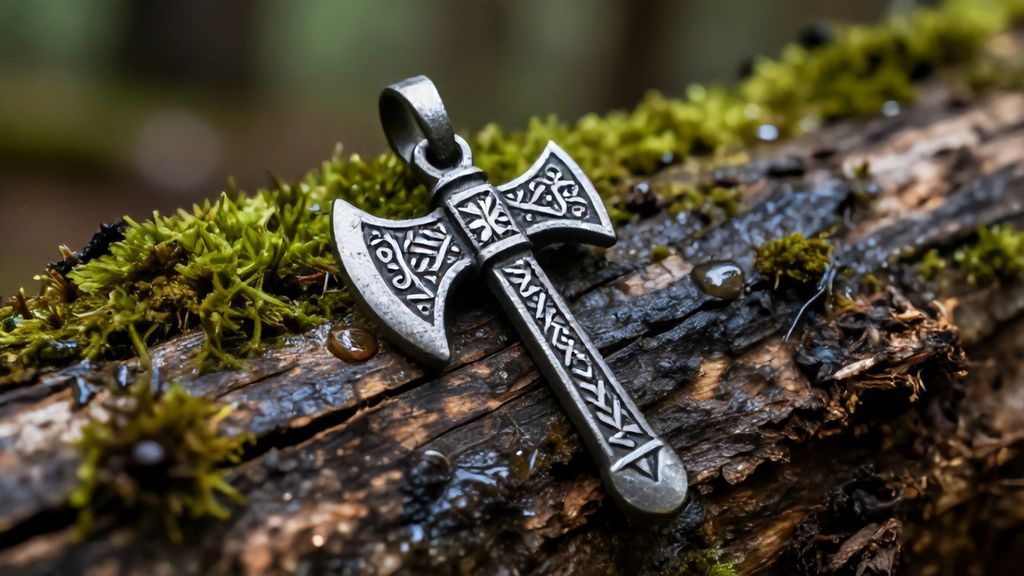 Оберег Секира Перуна на дубовой коре в лесу