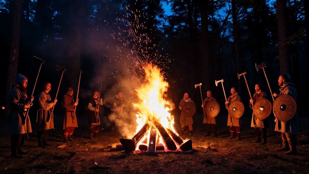 Ночной обрядовый костер и воины на капище Перуна