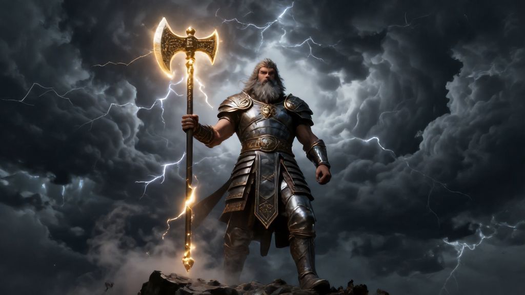 Бог Перун мечет молнии в небе над древним лесом