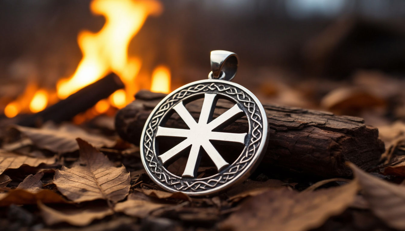 Славянский оберег Коловрат в лучах праздничного костра
