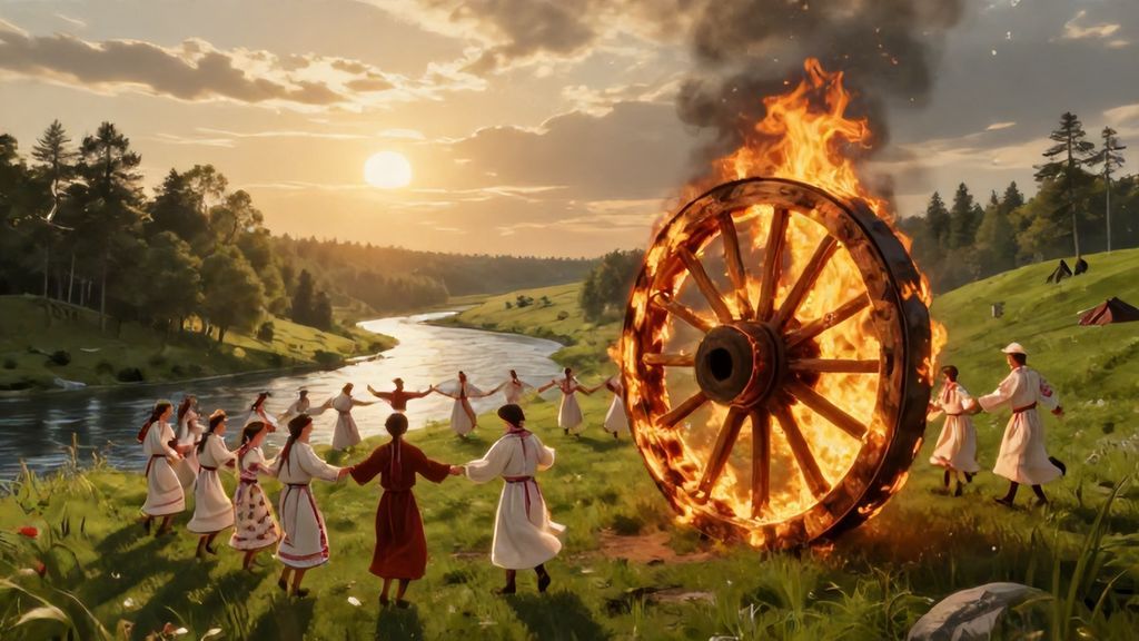 Обряд с катящимся горящим колесом на славянском празднике