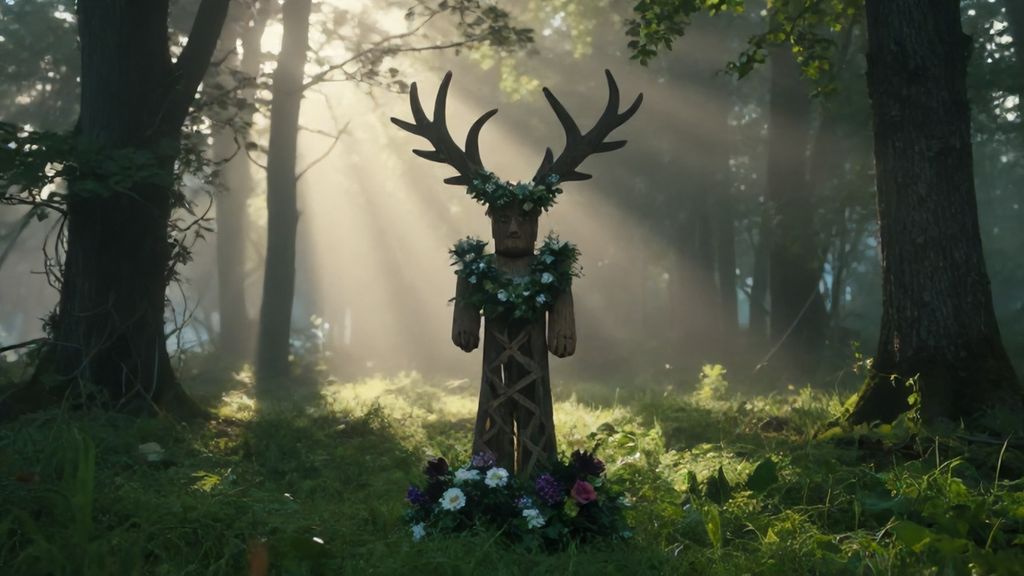 Деревянный идол Ярилы в весеннем лесу в лучах утреннего солнца