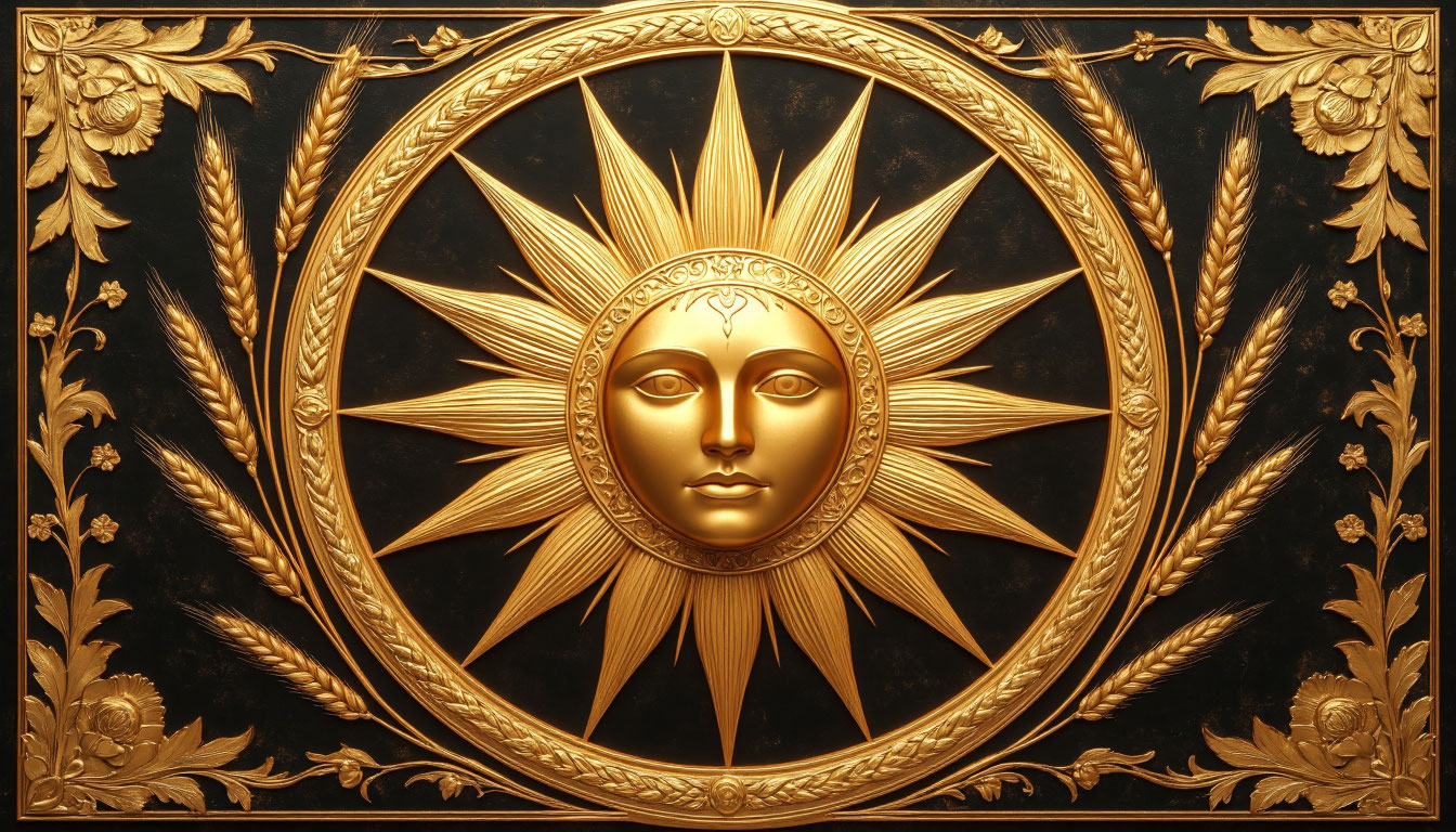 Солнечный символ Ярилы в окружении колосьев и орнаментов