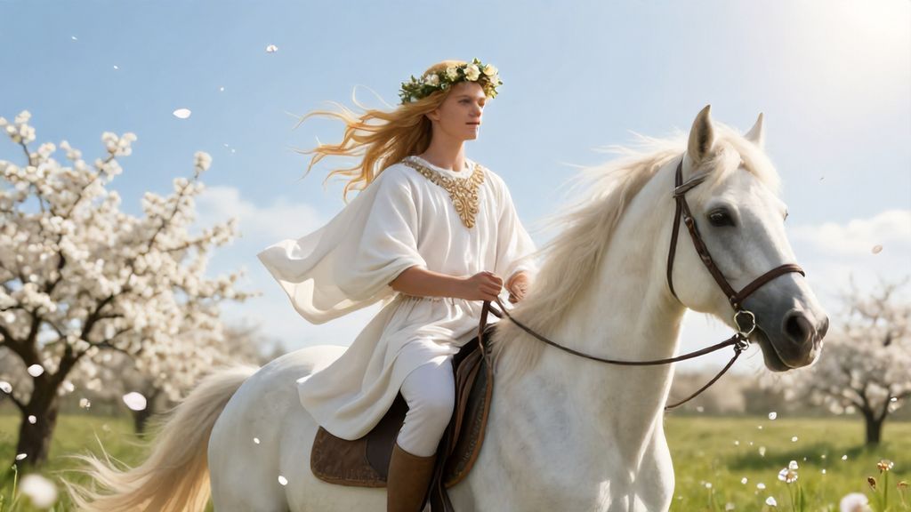 Бог Ярило на белом коне едет по цветущему весеннему полю
