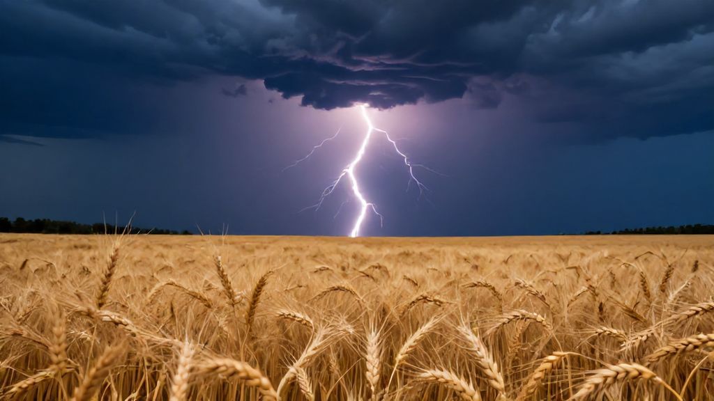 Разряд молнии над созревающим пшеничным полем в июле
