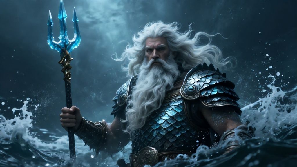 Славянский бог Ний с трезубцем выходит из морских волн