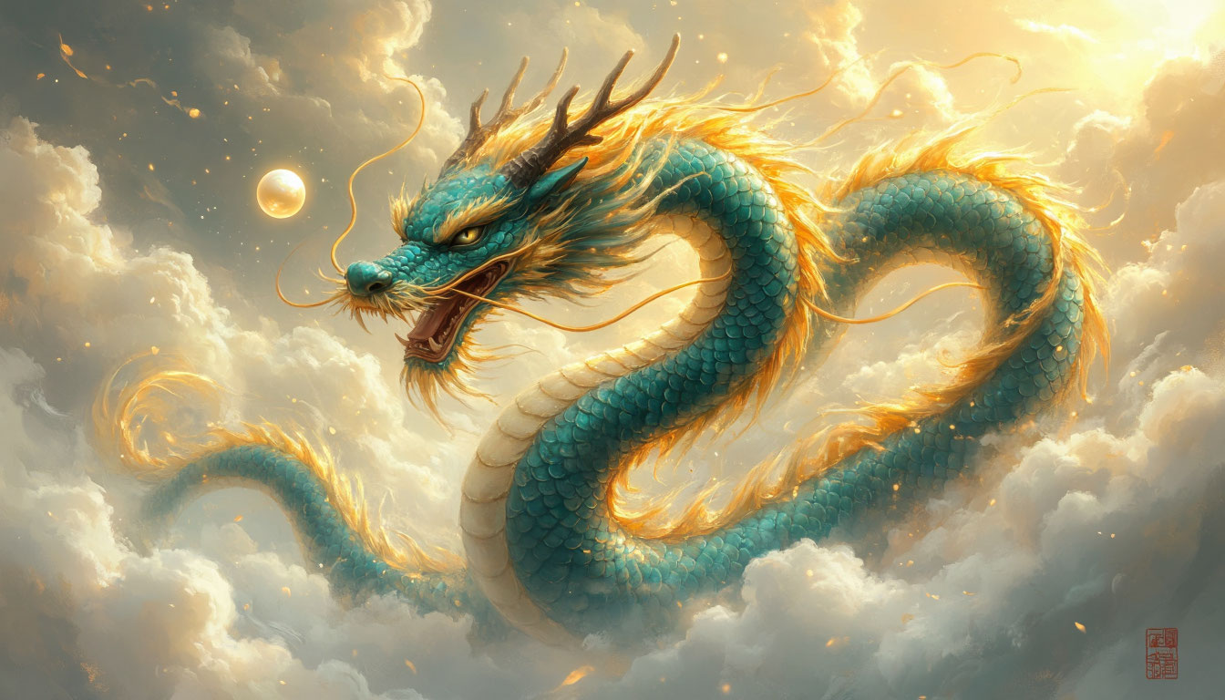 Китайский дракон в небесах, держащий пылающую жемчужину