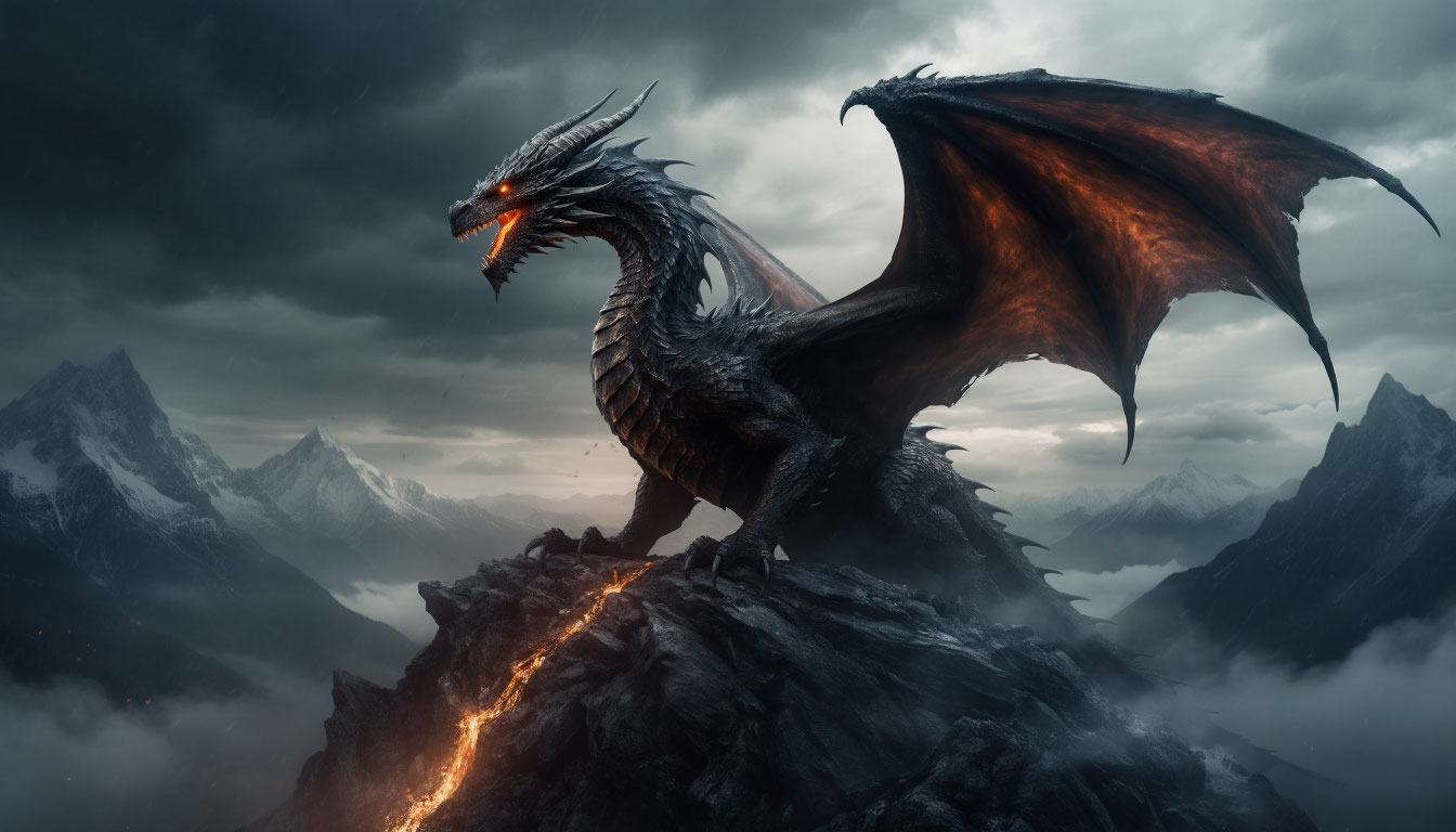 Могущественный древний дракон на вершине скалы