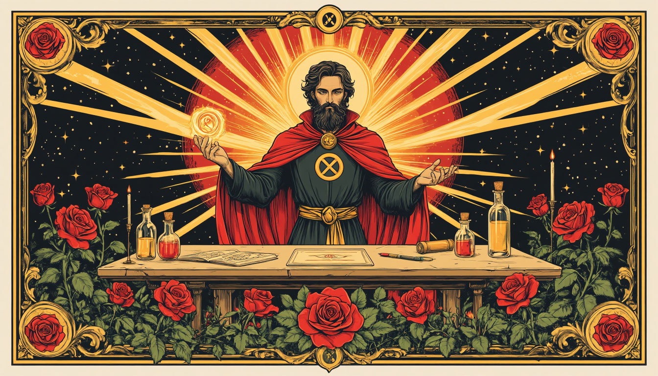 Карта Таро Маг с символом бесконечности и магическими атрибутами