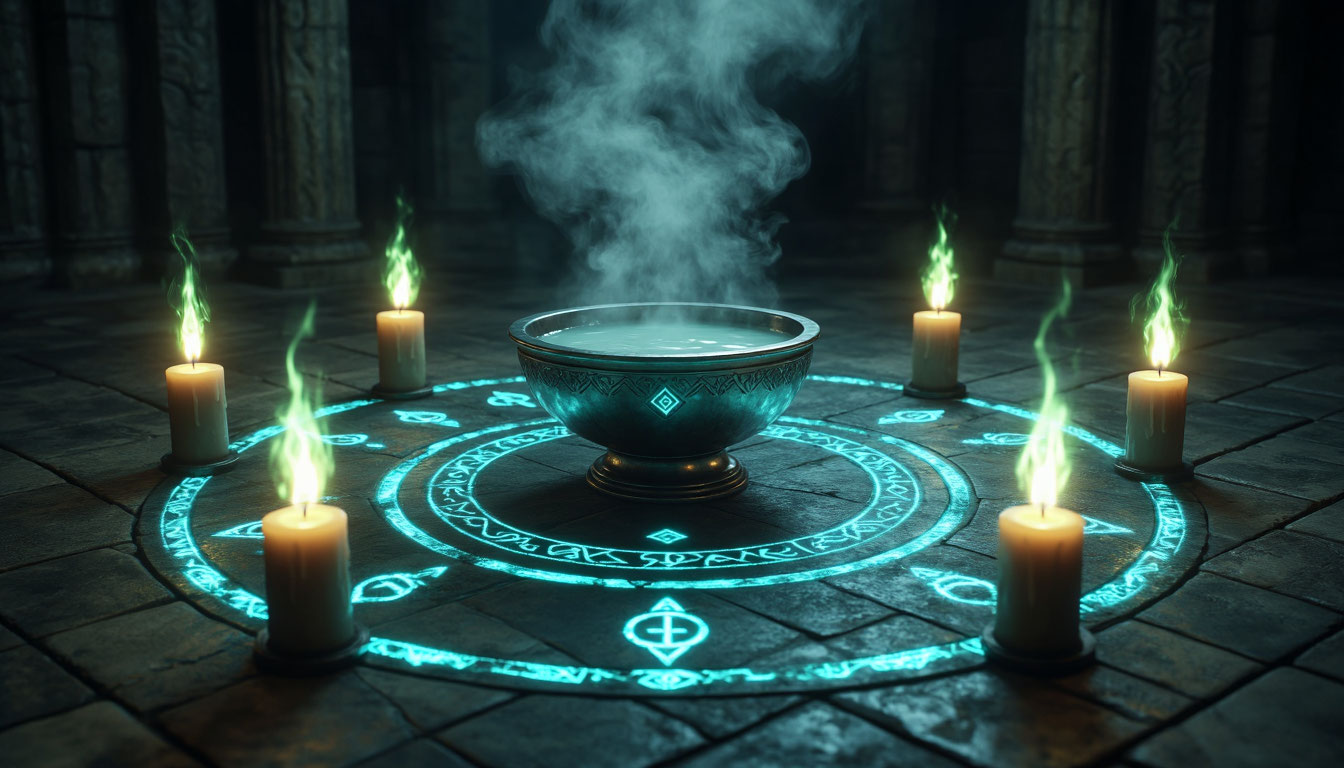 Ритуальный круг с сияющими рунами и магической чашей