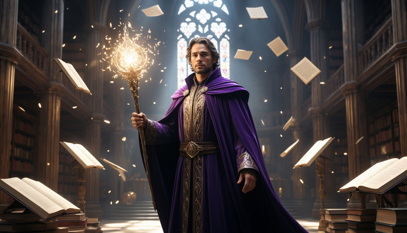 Величественный маг в древней библиотеке среди парящих свитков