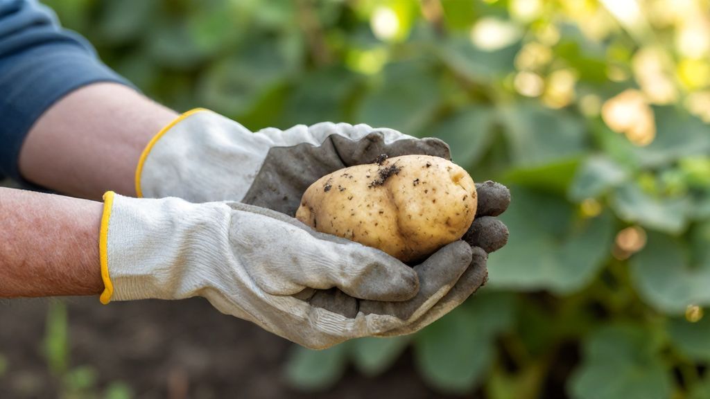 Садовод в перчатках осматривает найденный картофель