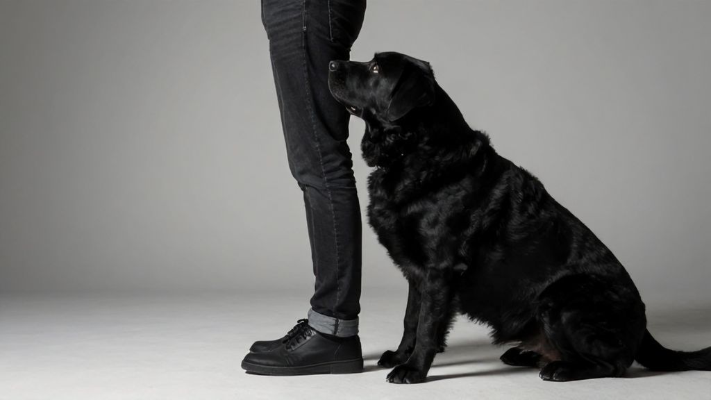 Крупная черная собака наваливается всем весом на хозяина