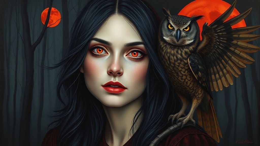 Мистический портрет Лилит с совой в ночном лесу