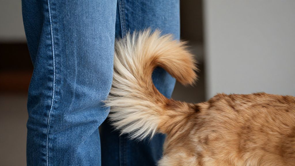 Крупный план: собака прижалась шерстью к джинсам хозяина