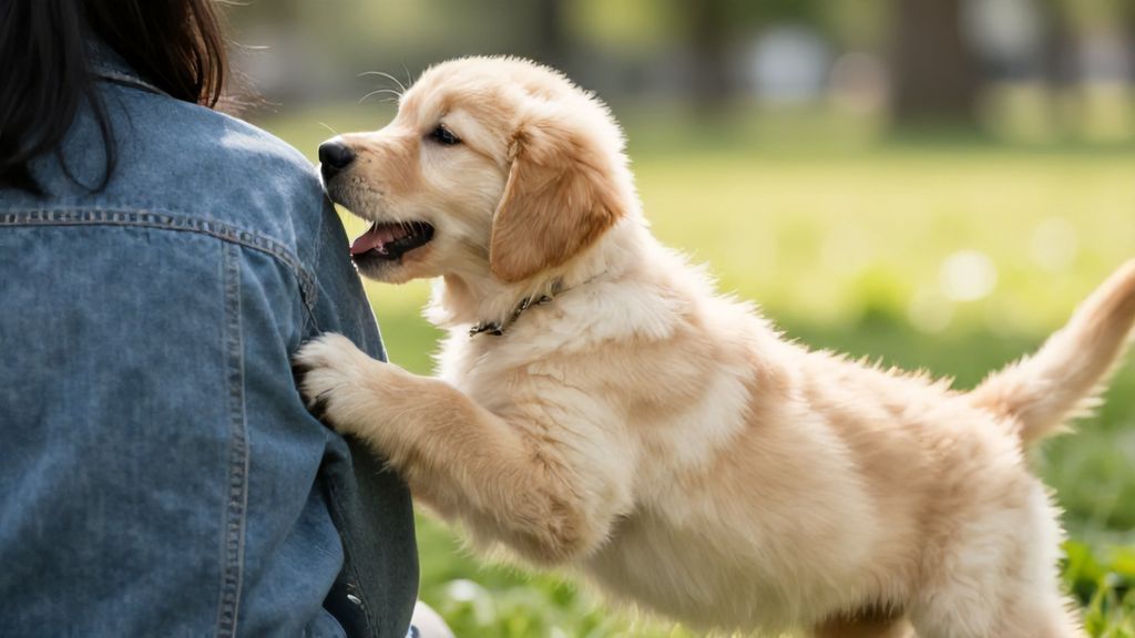 Щенок золотистого ретривера толкает человека во время игры