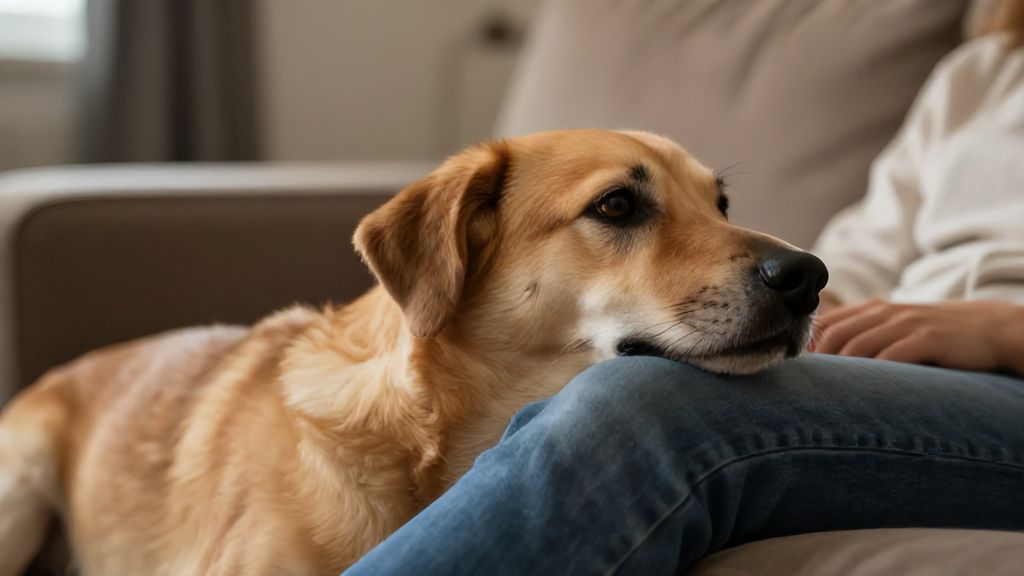 Собака прижимается к ногам хозяина