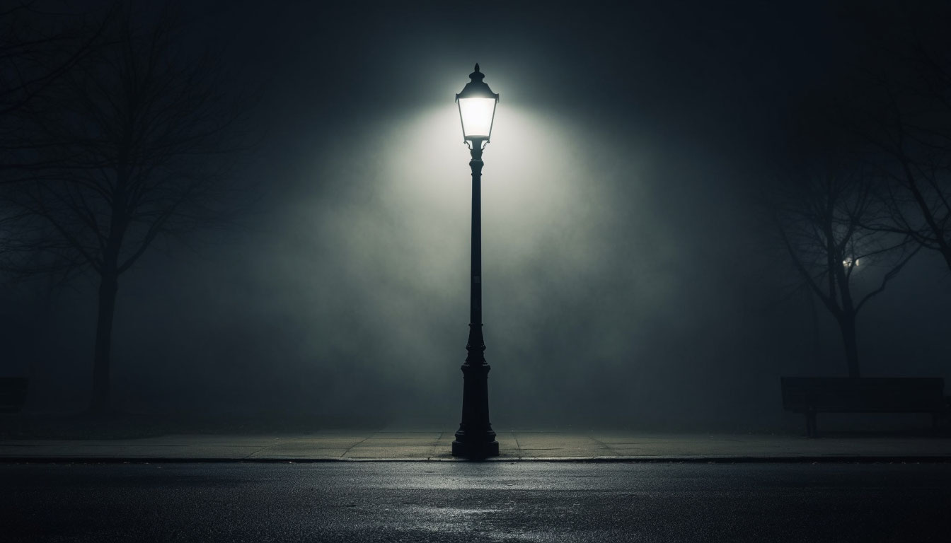 Уличный фонарь ночью, создающий глубокую тень у своего основания