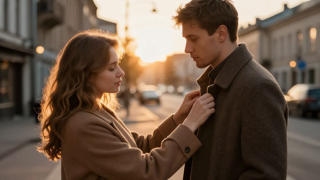 Проявление заботы через поправление одежды партнера